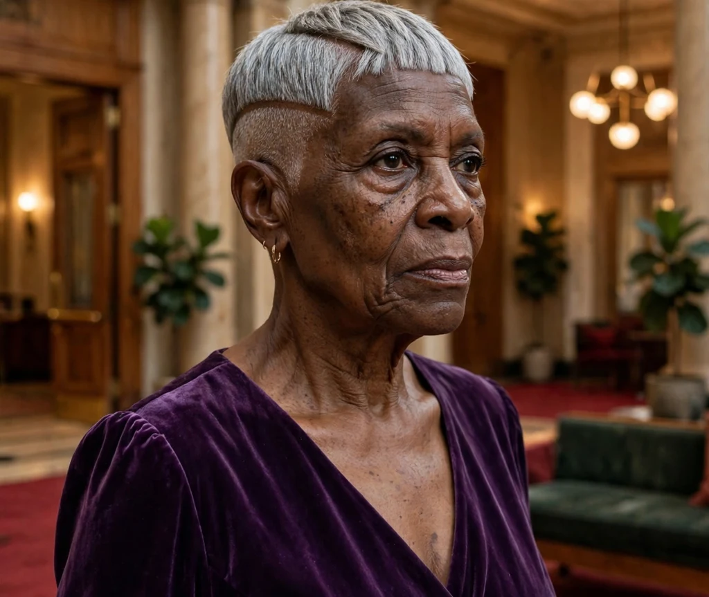 Black woman in her early 70s with sharp geometric silver undercut pixie in a concert hall