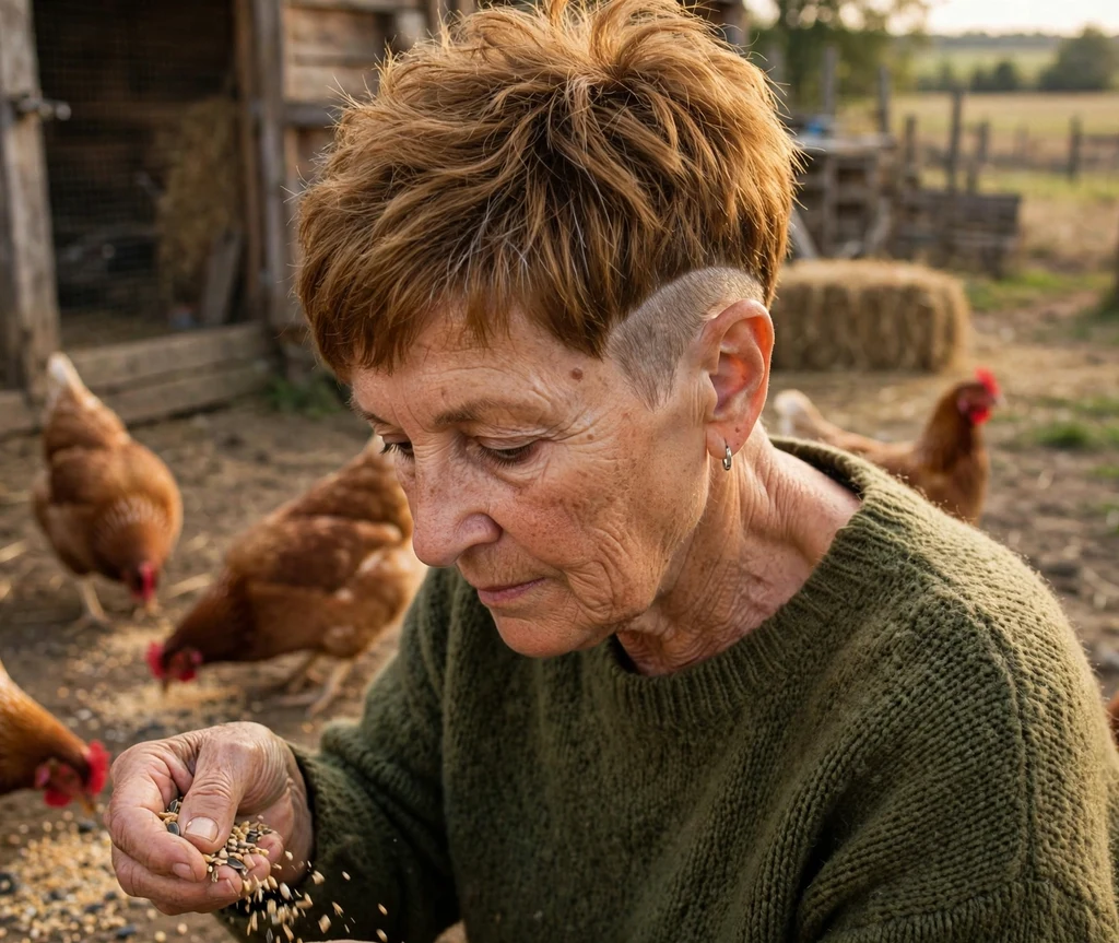 Woman in her mid-60s with warm honey brown undercut pixie on a countryside farm