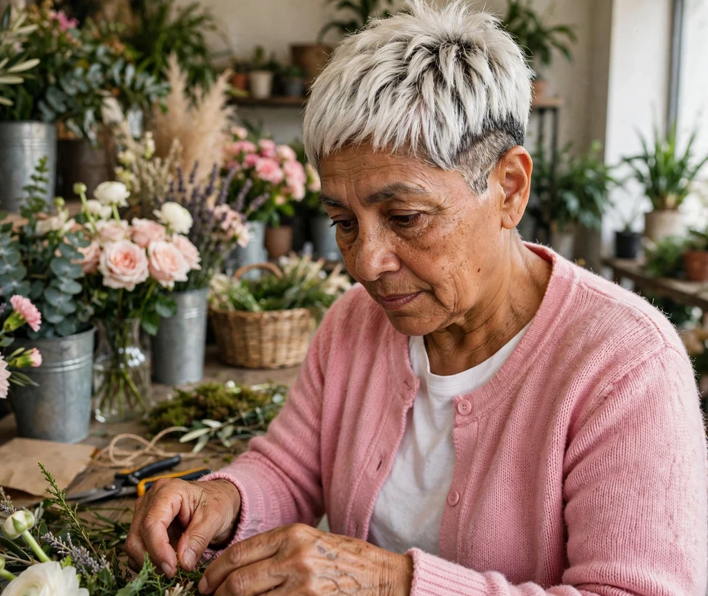 Latina woman with platinum shadow root undercut pixie in a flower shop