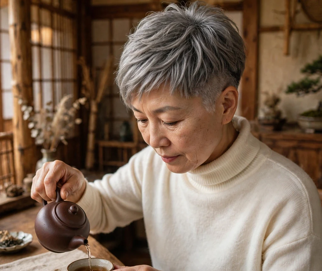 East Asian woman with feathered ash gray undercut pixie at a tea house