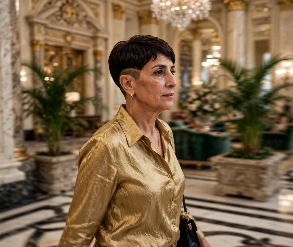 Middle Eastern woman with deep espresso undercut pixie in a palace hotel lobby