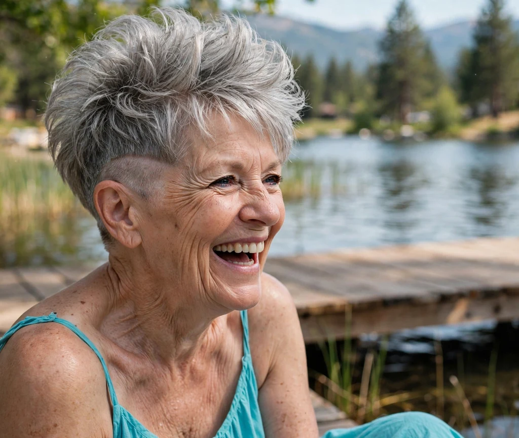 Woman in her early 60s with voluminous crown undercut pixie on a lakeside dock