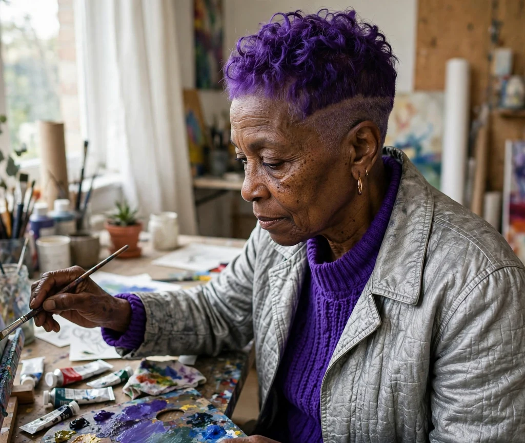 Black woman with bold violet undercut pixie in an art studio
