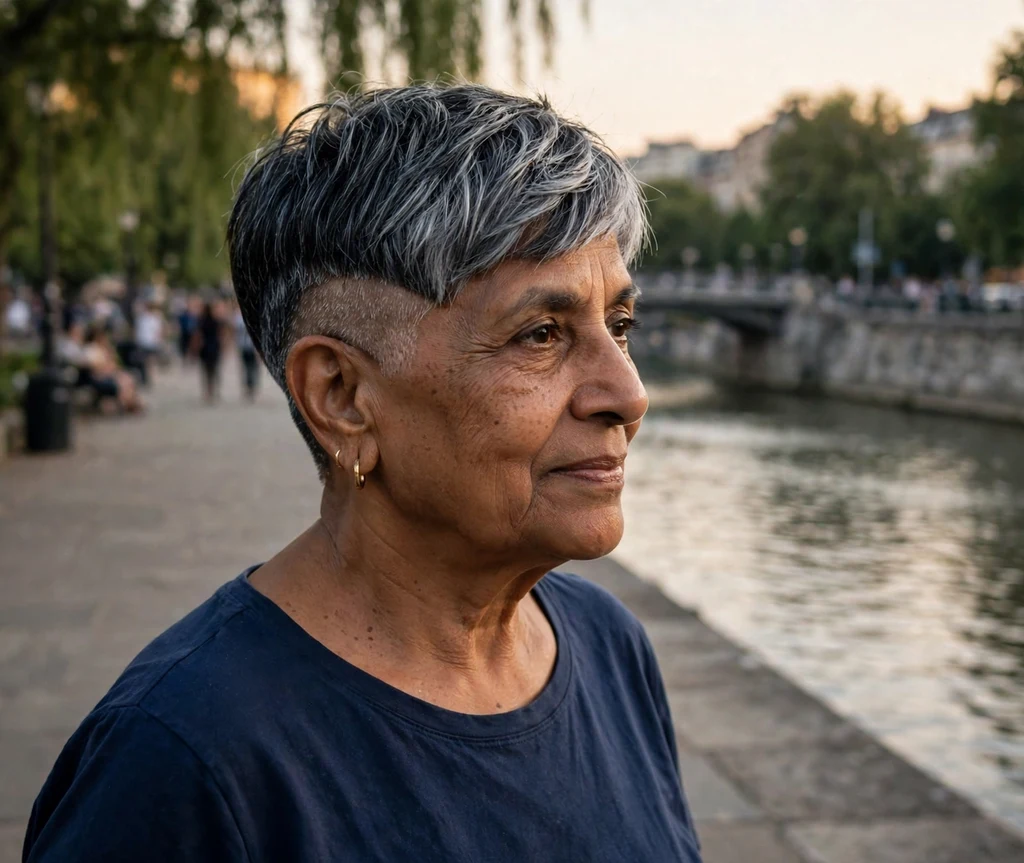 South Asian woman with charcoal-silver duo-tone undercut pixie on a riverside