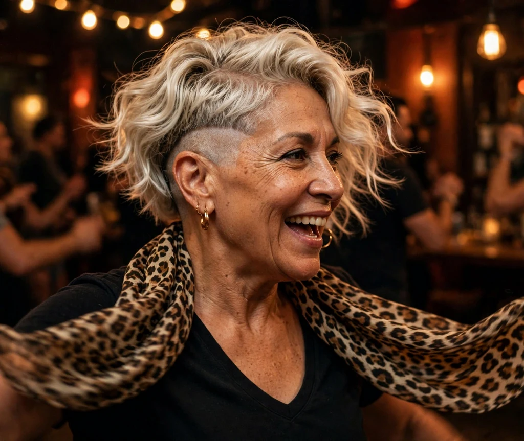 Latina woman with wavy platinum undercut pixie at a salsa club