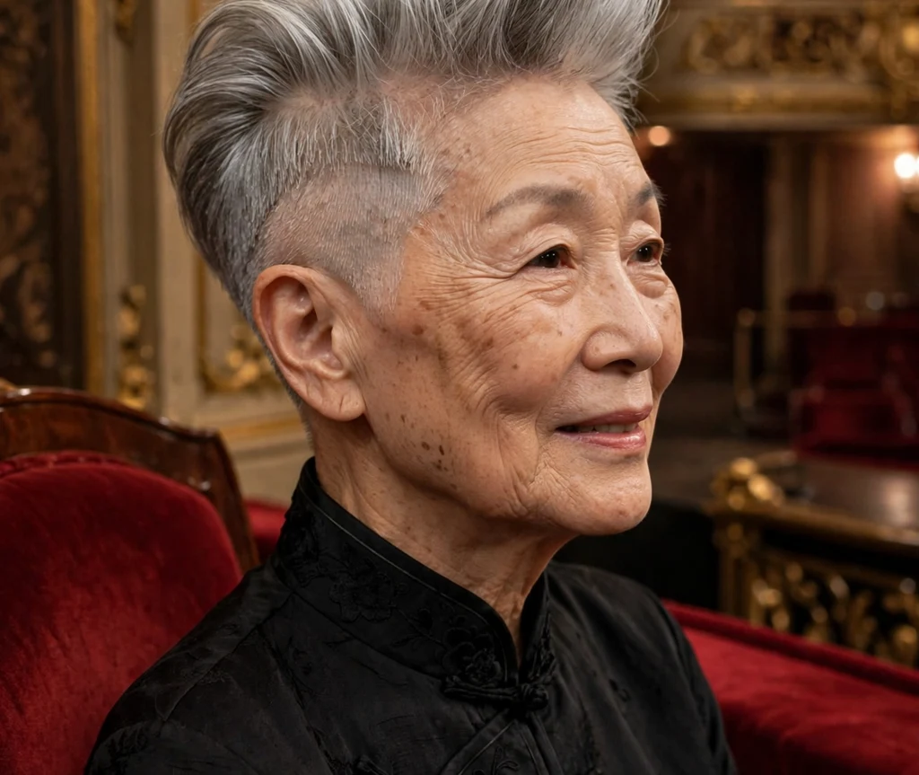 East Asian woman in her early 70s with sculpted silver pompadour undercut pixie at an opera house