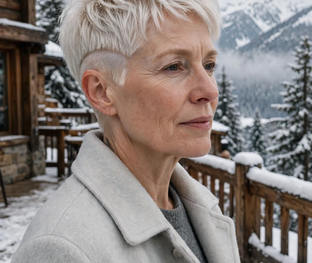 Woman in her mid-50s with icy white-blonde undercut pixie at a snowy lodge