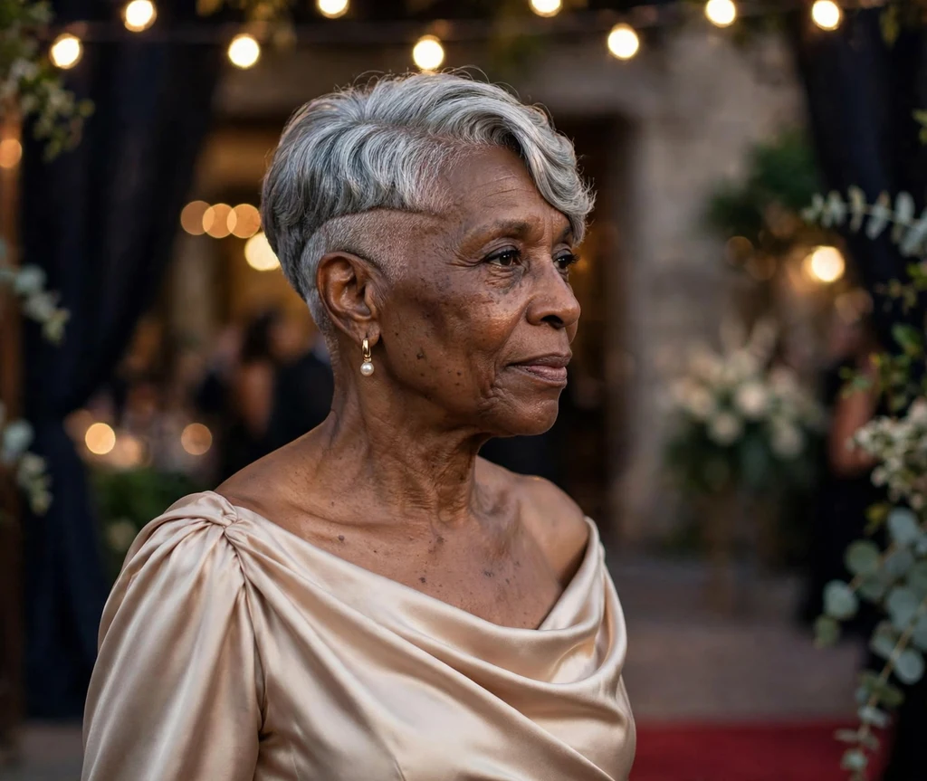 Black woman with elegant side-parted silver tapered undercut pixie at a charity gala