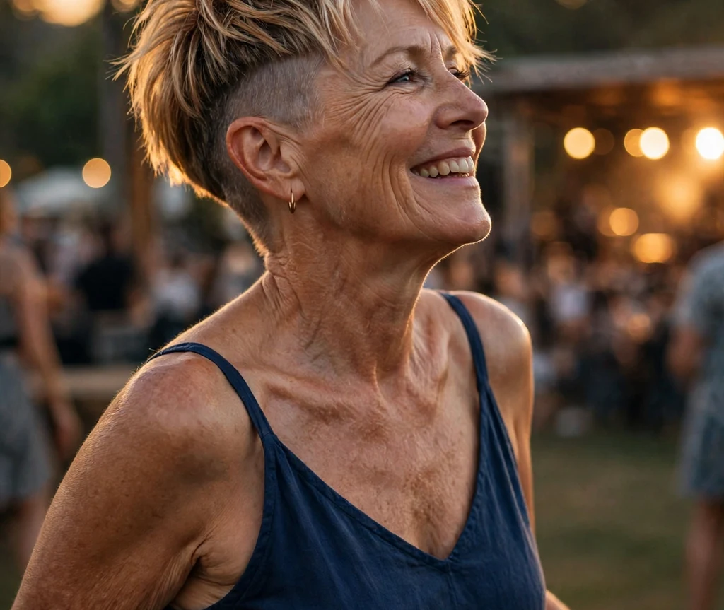 Woman in her early 60s with sun-kissed blonde undercut pixie at an open-air concert