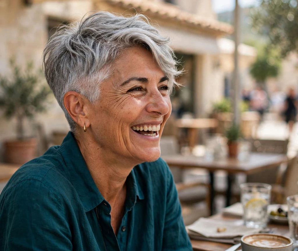 Edgy silver undercut pixie with long textured swept top on a Mediterranean woman in her mid 50s wearing a deep teal blouse, sunlit outdoor café