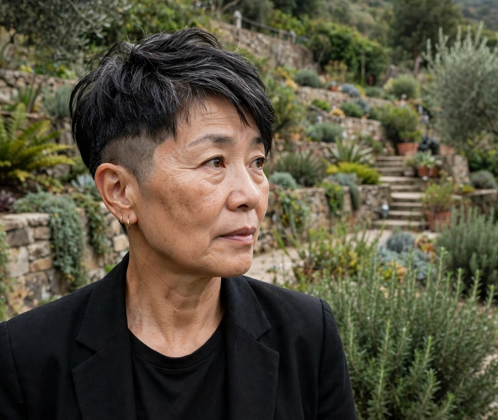 Undercut pixie with long textured black top on an East Asian woman in her late 50s, terraced garden