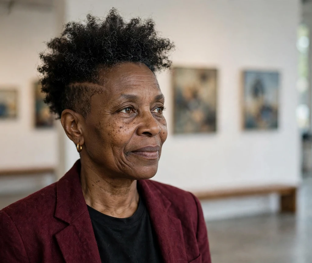 Shaved side pixie with voluminous natural crown on a Black woman in her early 50s wearing a burgundy blazer, art gallery