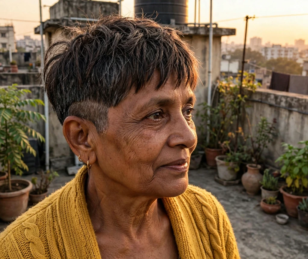 Textured undercut pixie with choppy dark brown bangs on a South Asian woman in her 60s wearing a mustard cardigan, rooftop terrace