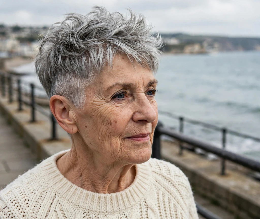 Silver-gray undercut pixie on a Northern European woman in her 60s wearing a cream sweater, seaside promenade