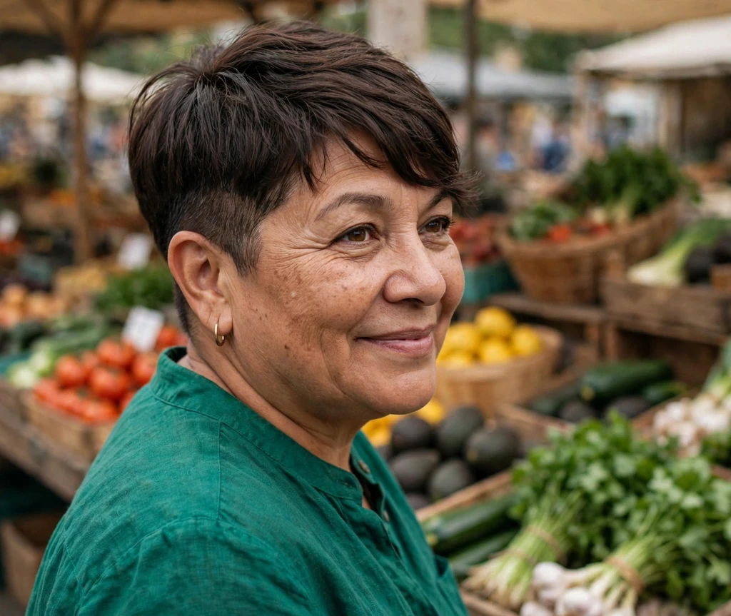 Undercut pixie with side-swept dark brown fringe on a Latina woman in her late 50s wearing an emerald blouse, farmers market