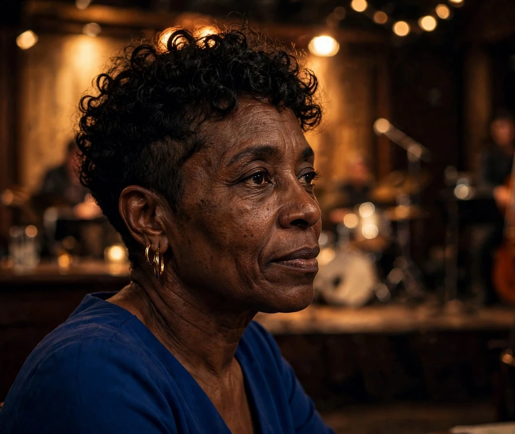 Curly undercut pixie with defined curls on top on a Black woman in her mid 50s wearing a cobalt dress, jazz club