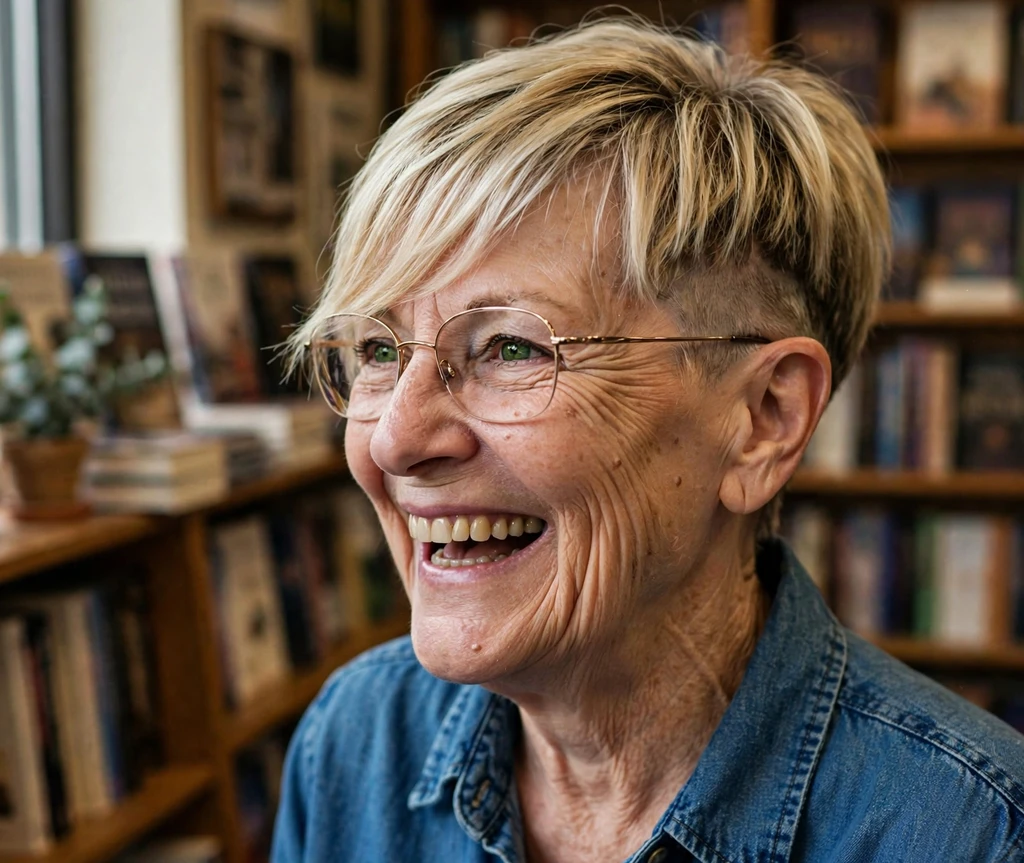 Undercut pixie with long blonde bangs on a White American woman in her 60s wearing a denim shirt, bookstore