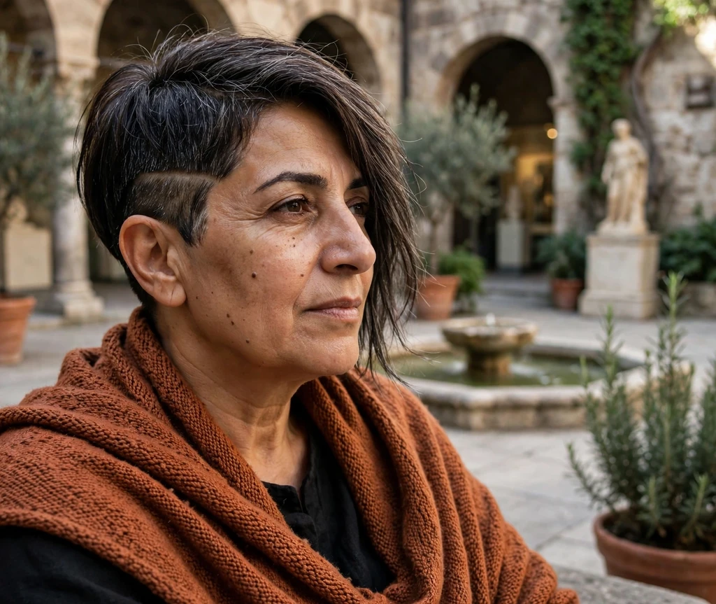 Asymmetrical undercut pixie with one side longer on a Middle Eastern woman in her late 50s wearing a rust shawl, museum courtyard