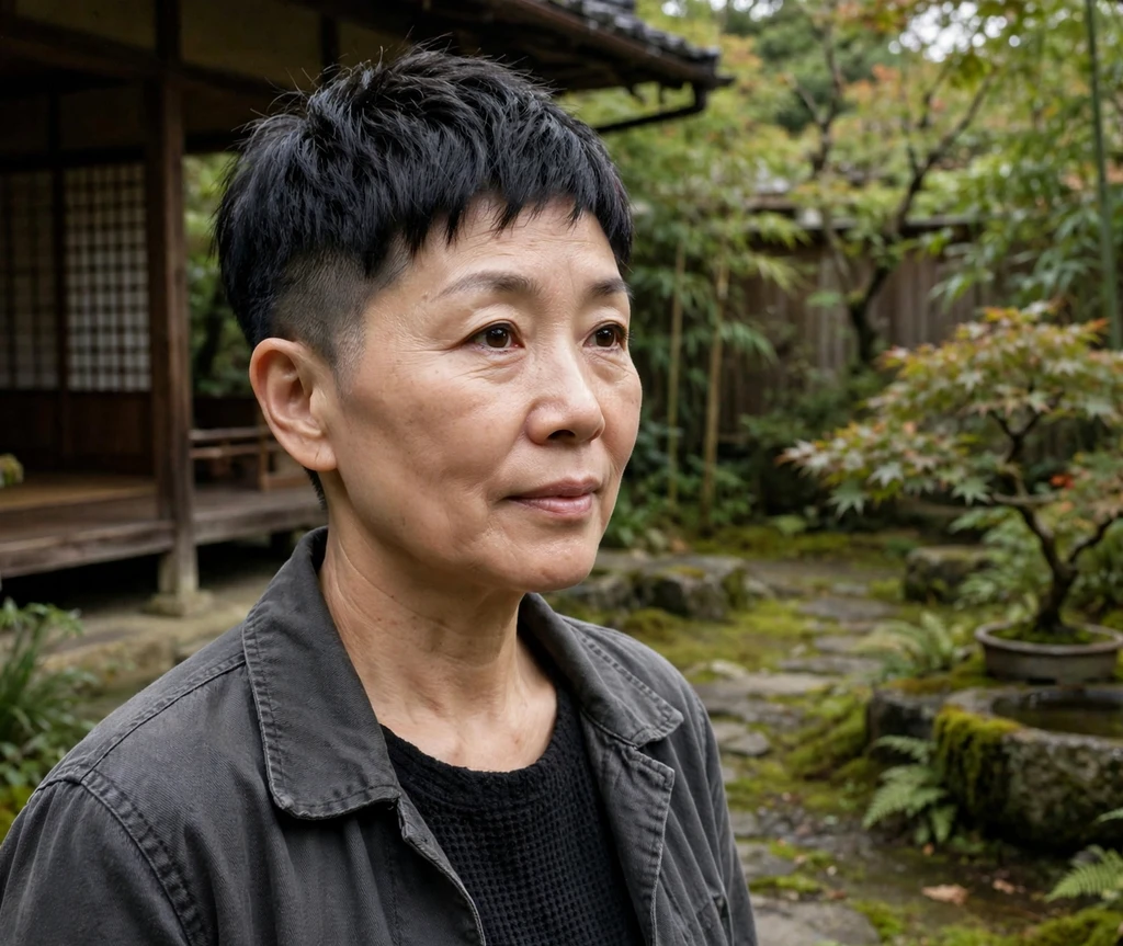 Short undercut pixie with skin fade on an East Asian woman in her early 50s wearing a charcoal jacket, tea house garden