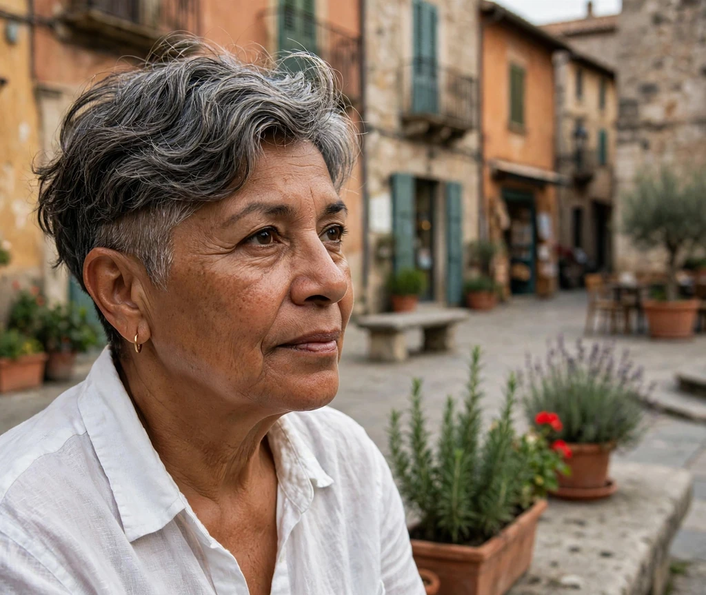 Wavy undercut pixie with gray-streaked waves on a Latina woman in her mid 60s wearing a white linen shirt, old town plaza
