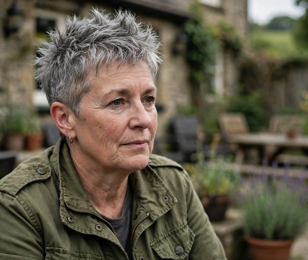 Spiky gray undercut pixie on a White British woman in her mid 50s wearing an olive field jacket, pub garden