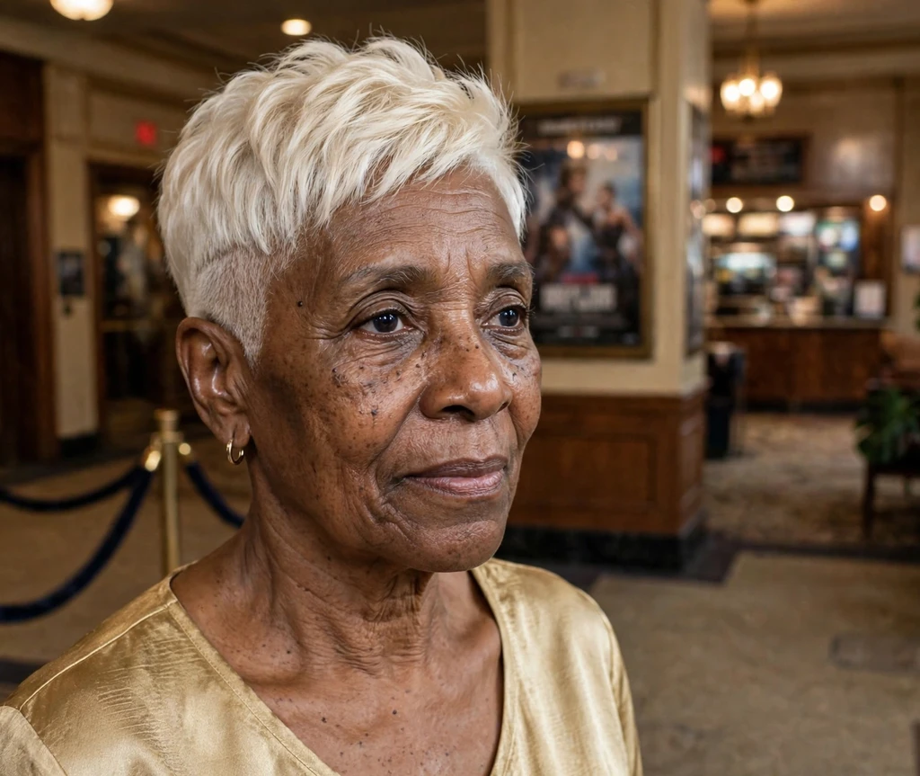 Platinum blonde undercut pixie on a Black woman in her 60s wearing a gold top, theater lobby