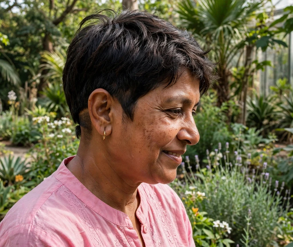 Undercut pixie with hidden nape undercut on a South Asian woman in her mid 50s wearing a pink kurta, botanical garden