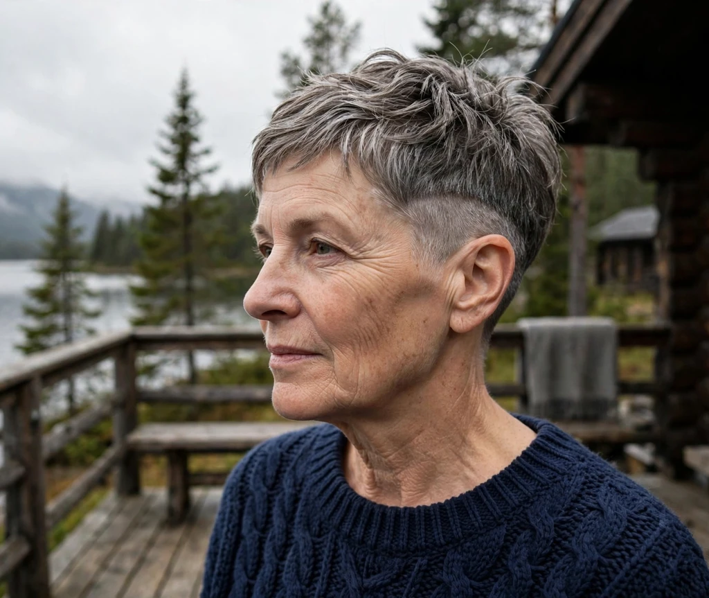 Salt-and-pepper undercut pixie on a Nordic woman in her early 60s wearing a navy knit, lakeside cabin deck