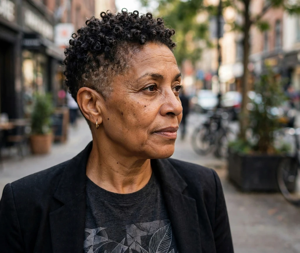 Coily-top undercut pixie with tight coils on the crown on a mixed-race woman in her late 50s wearing a graphic tee and blazer, city street