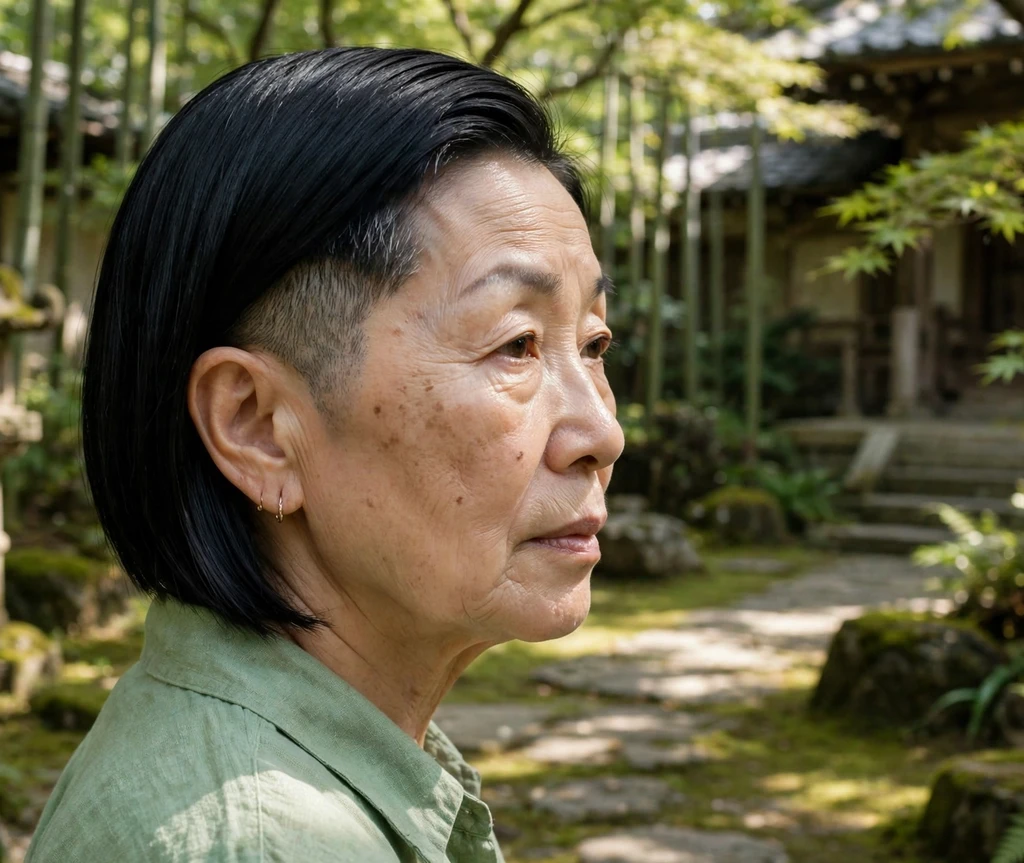 Sleek undercut pixie with long black top on an East Asian woman in her mid 60s wearing a jade top, temple garden