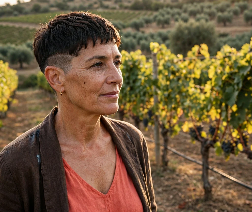 Undercut pixie with micro bangs on a Mediterranean woman in her early 50s wearing a coral dress, vineyard