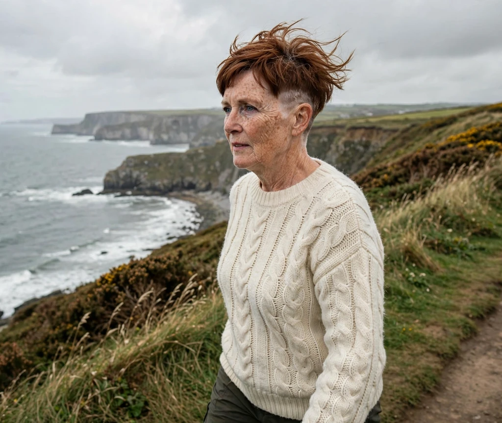 Tapered undercut pixie with textured auburn sides on an Irish woman in her late 50s wearing a cream aran sweater, coastal cliff path