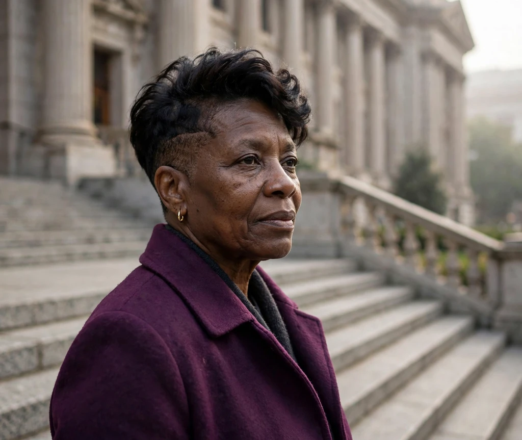 Swept-back undercut pixie with voluminous top on a Black woman in her late 50s wearing a plum coat, library steps