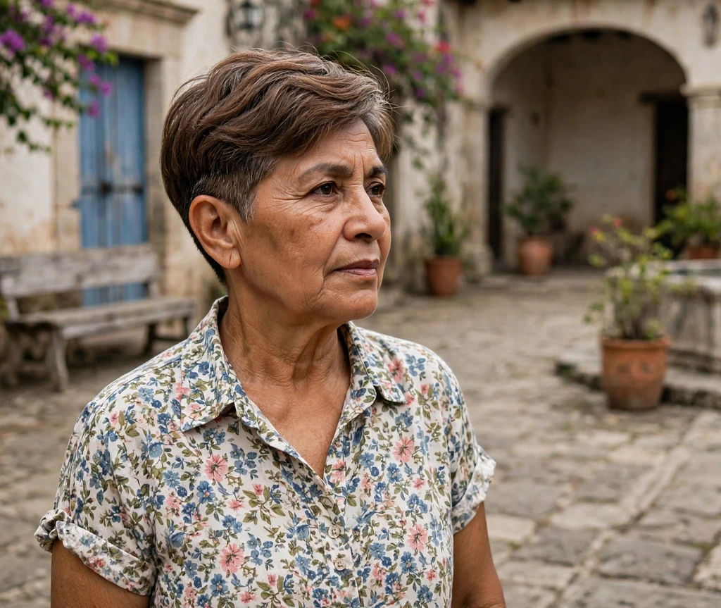 Feathered undercut pixie with brown layers on a Latina woman in her early 60s wearing a floral blouse, colonial courtyard