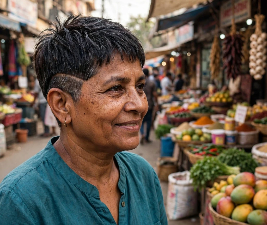 Undercut pixie with subtle shaved line detail on a South Asian woman in her early 50s wearing a teal blouse, market street