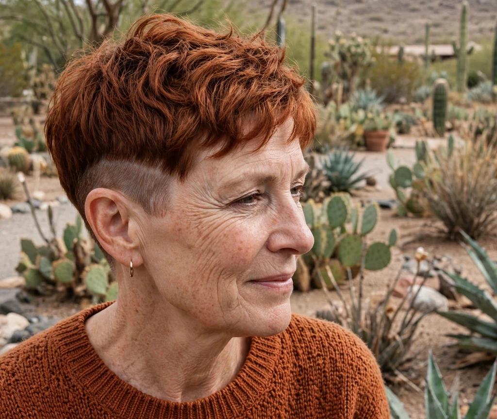 Auburn undercut pixie with coppery top on a White American woman in her mid 50s wearing a rust sweater, desert botanical garden