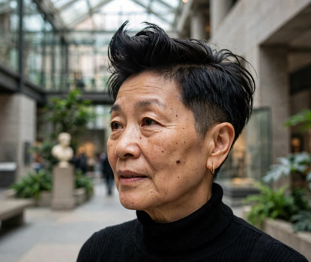 Quiff-top undercut pixie with lifted black quiff on an East Asian woman in her 60s wearing a black turtleneck, museum atrium