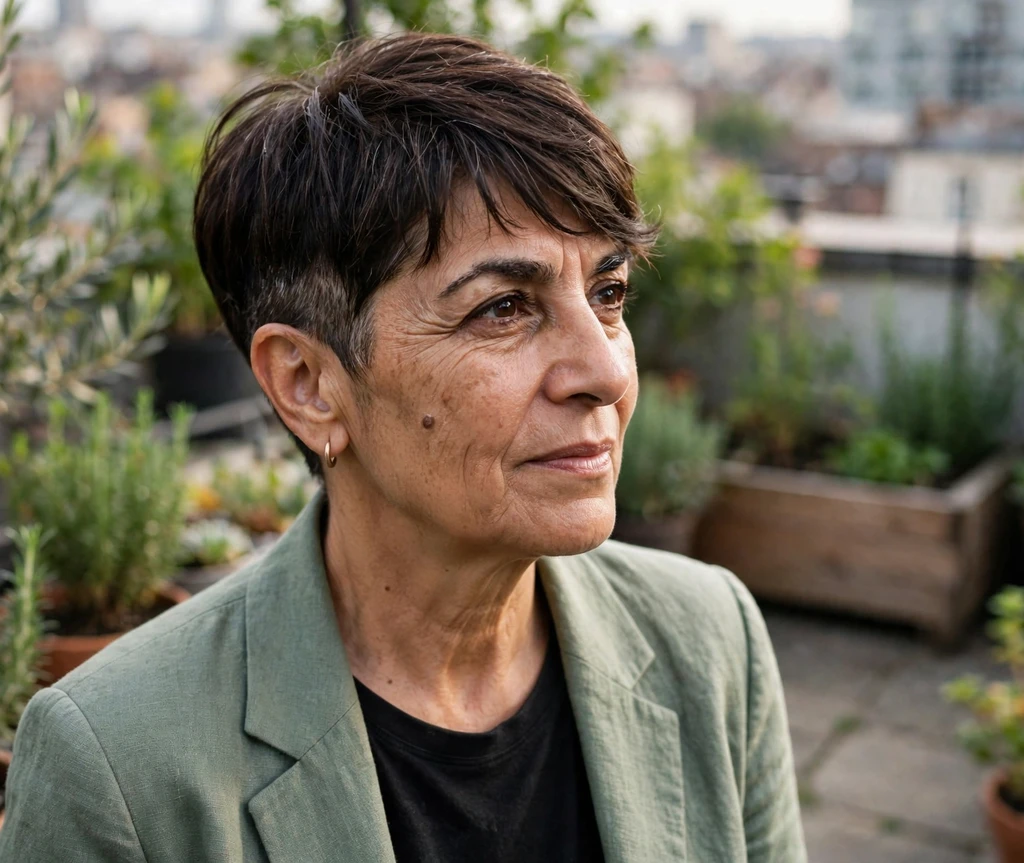 Brunette undercut pixie with soft fringe on a Middle Eastern woman in her mid 50s wearing a sage blazer, rooftop garden