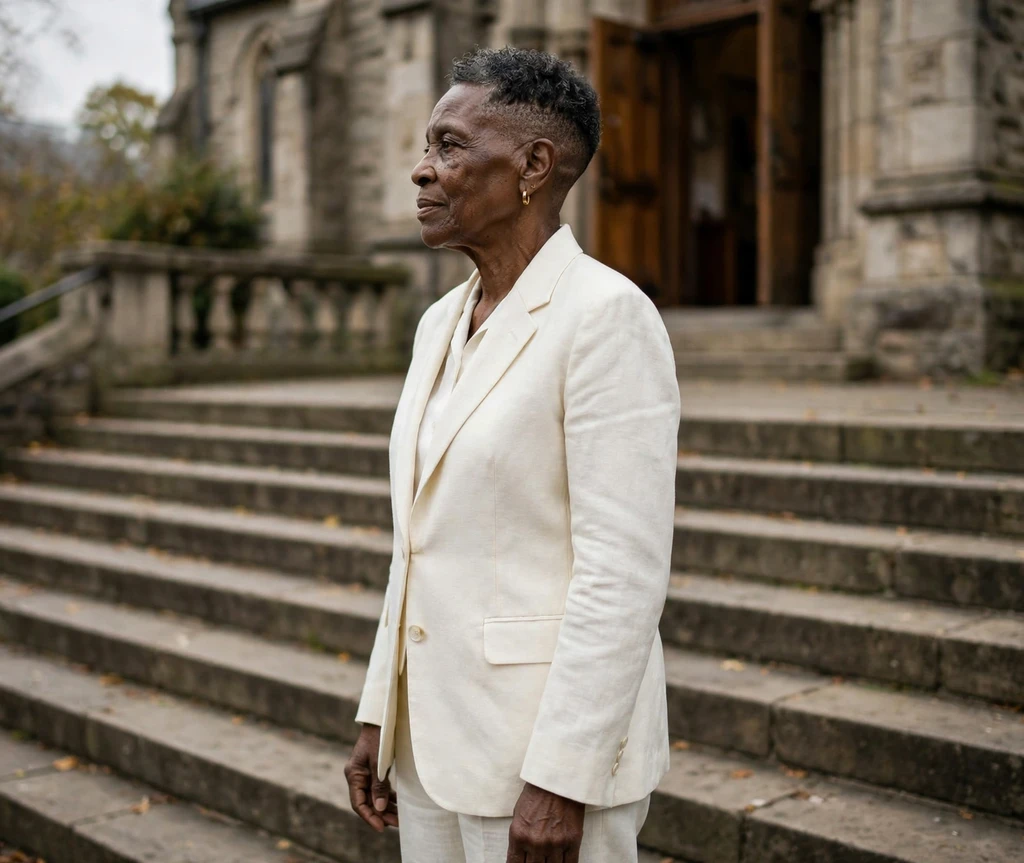 Fade-tapered undercut pixie on a Black woman in her mid 60s wearing an ivory suit, church steps
