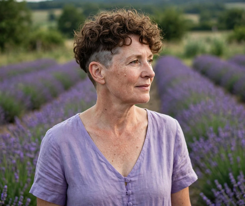 Natural curls undercut pixie on a White European woman in her early 50s wearing a lavender dress, lavender field