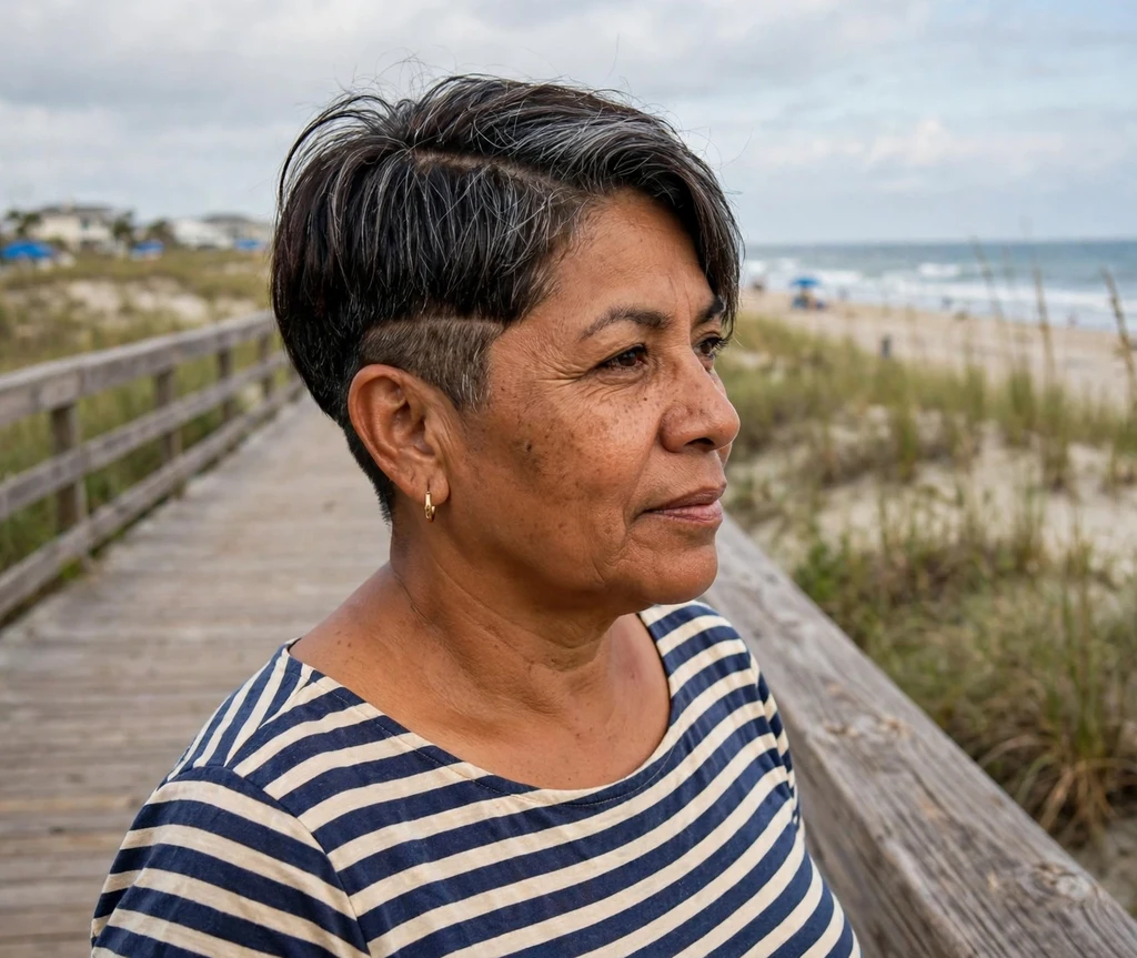 Side-parted undercut pixie with deep side part on a Latina woman in her late 50s wearing a striped top, beach boardwalk