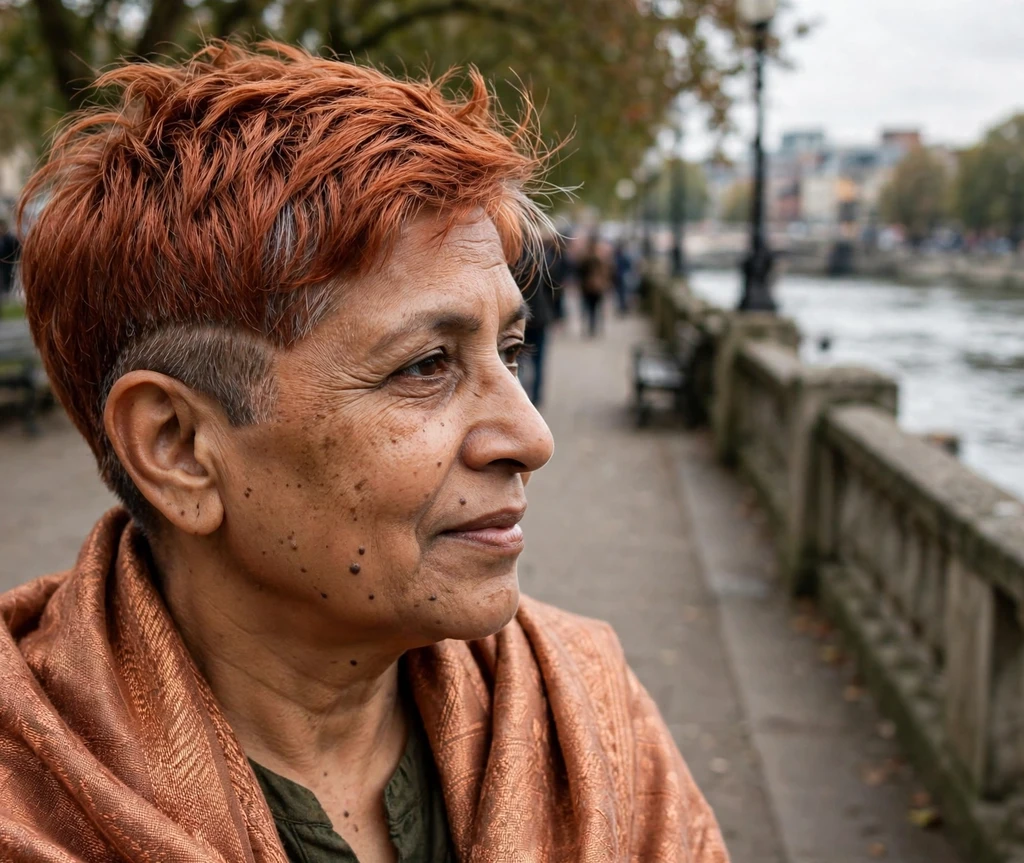Copper undercut pixie with textured top on a South Asian woman in her mid 60s wearing a copper shawl, riverside promenade