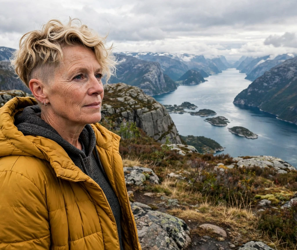 Tousled wave undercut pixie with blonde waves on a Nordic woman in her early 50s wearing a mustard coat, fjord viewpoint