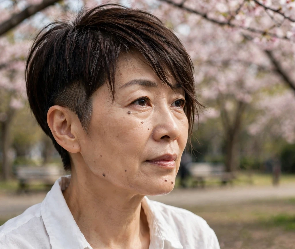 Dark brown undercut pixie with long fringe on an East Asian woman in her late 50s wearing a white shirt, cherry blossom park