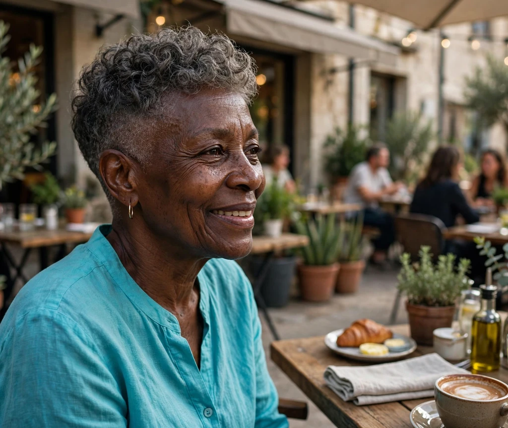 Soft curl undercut pixie with gentle curls on a Black woman in her early 60s wearing a turquoise blouse, outdoor café patio