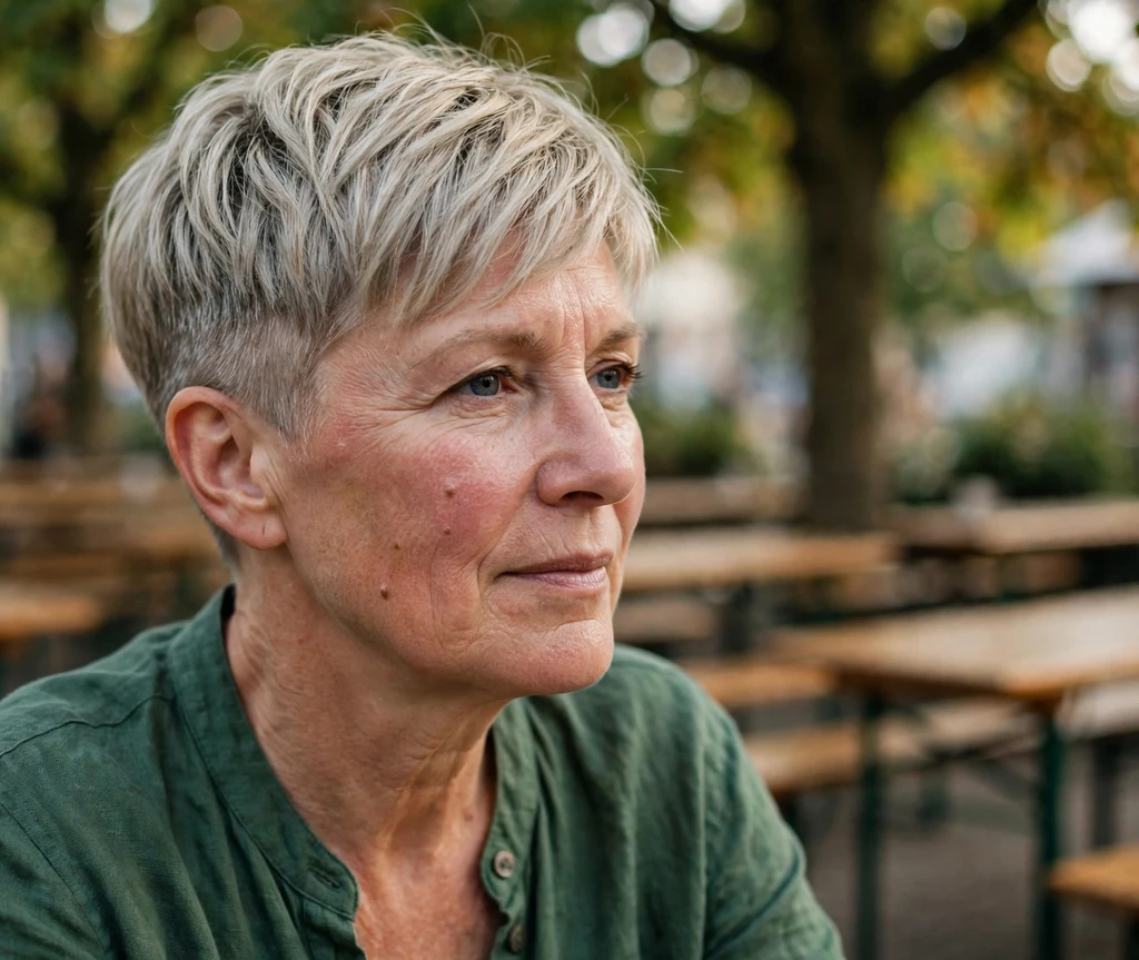 Ash blonde undercut pixie on a German woman in her late 50s wearing a forest-green blouse, beer garden terrace