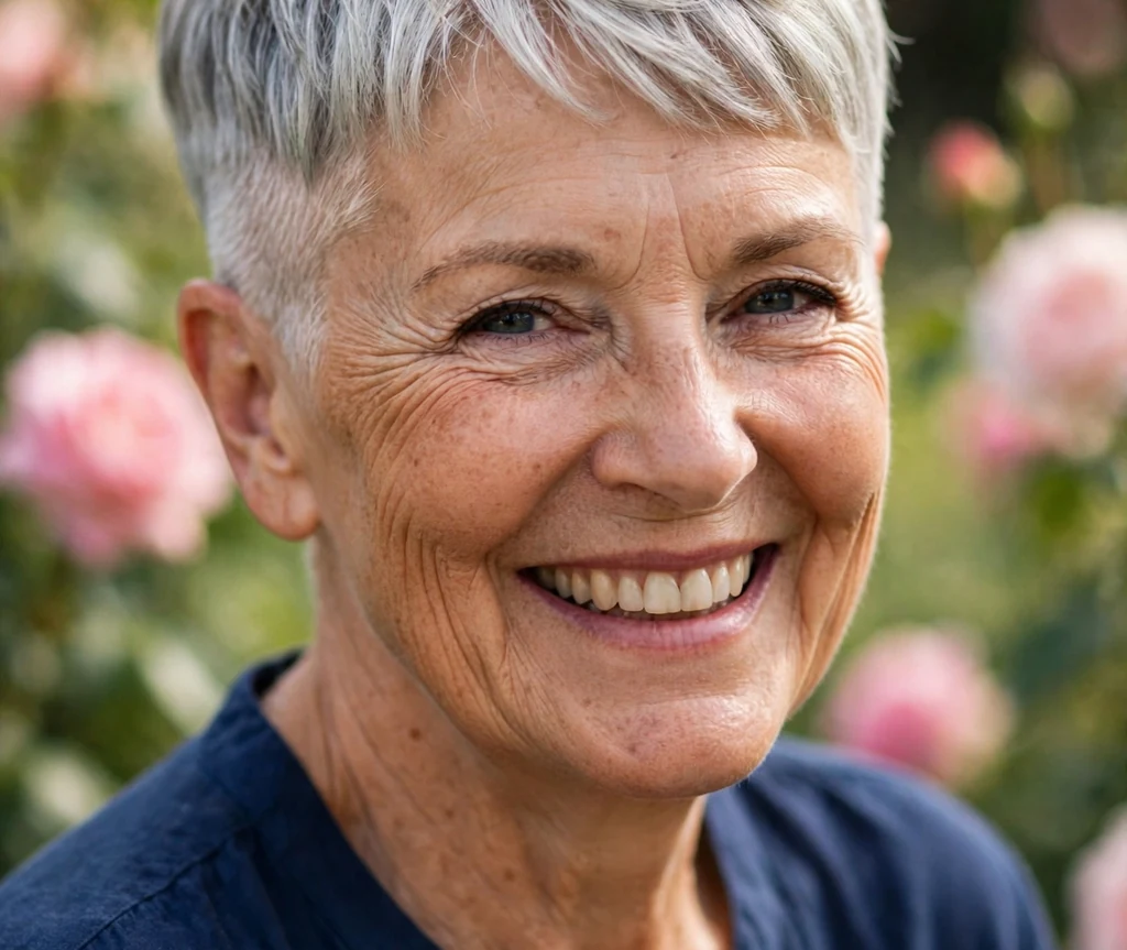 Classic silver undercut pixie on a 65-year-old Caucasian woman with short silver hair, neatly faded sides, soft textured top, wearing a navy blouse, garden setting
