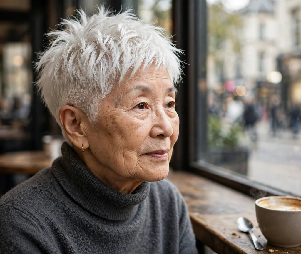 Textured white pixie with faded sides on a 68-year-old East Asian woman with bright white choppy hair, mid fade, wearing a charcoal turtleneck, city cafe setting