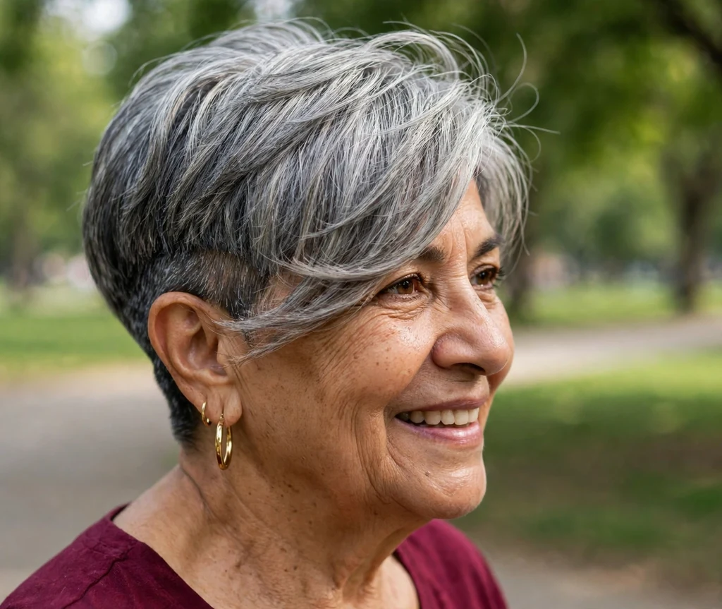 Ash gray undercut pixie with sweeping fringe on a 62-year-old Latina woman with ash gray side-swept bangs, tapered undercut, wearing a burgundy top, park setting
