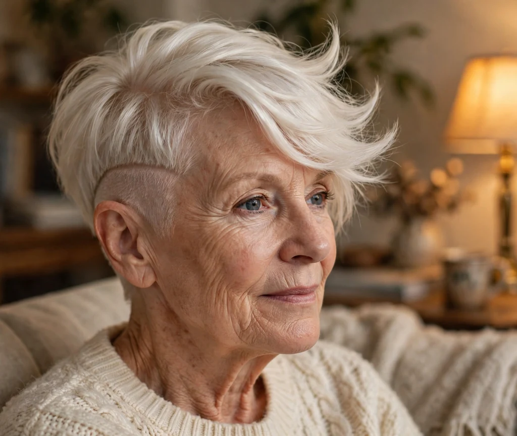 Platinum side-swept undercut pixie on a 70-year-old Caucasian woman with platinum blonde swept top, skin fade sides, wearing a cream sweater, cozy living room